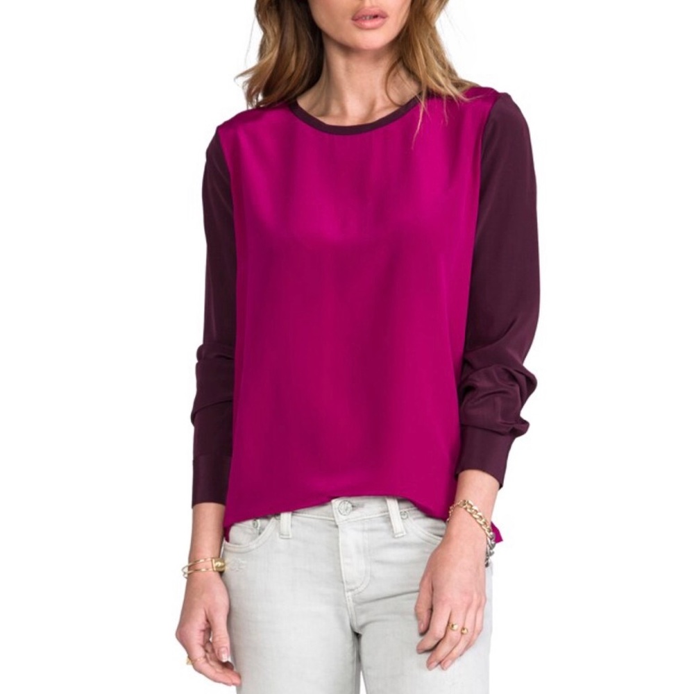 Diane Von Furstenberg Silk Louisa Top Purple Long Sleeve with Pink Body Blouse